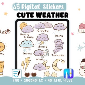 Stickers numérique météo temps, 45 kawaii clipart pour suivi de météo, autocollants mignons fichiers GoodNotes, Noteful - 45 cliparts PNG