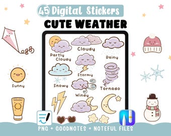 Cute Weather digital stickers, 45 kawaii stickers for tracking the weather, pre-cropped Goodnotes file and clipart weather transparent PNG.