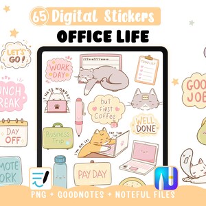 Work Digital Stickers Office Life, Cats, motivational quotes, 65 cliparts for digital planners. Goodnotes, Noteful & PNG files.