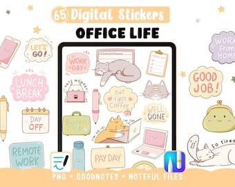 Pegatinas digitales de trabajo, gatos, vida de oficina, frases motivacionales, Goodnotes & Noteful, 65 imágenes PNG transparentes.