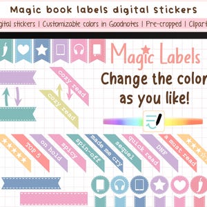 Adesivi ed etichette per angoli di libri digitali - Colori modificabili per il diario di lettura | Amanti dei libri su Goodnotes + 70 clipart