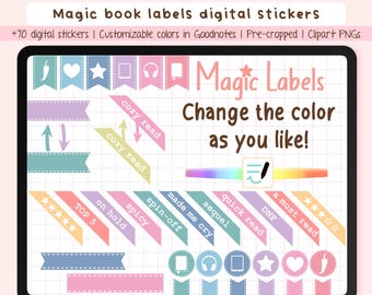 Digital Stickers book corners labels rating, Customizable Colors for Reading Journals in Goodnotes for booklovers, +70 Clipart Files