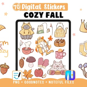 Cozy Fall Stickers numérique, Stickers d'automne pour digital planner, fichiers Goodnotes Noteful et 70 cliparts PNG