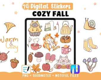 Cozy Fall Digital Stickers, 70 Autumn Stickers for Digital Planner, Pre-cut Noteful GoodNotes files, Fall and Cats PNG Cliparts.
