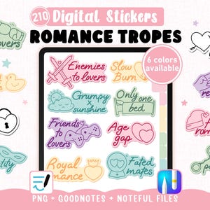 Romance Tropes Digital Stickers, book lovers stickers for Reading Journal book review, Hyperlinked Binder for Goodnotes + 210 Clipart Images