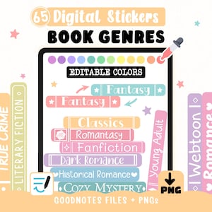 Book Genres Digital Stickers, Customizable Colors for Reading Journals in Goodnotes, Book Categories for booklovers, 65 Clipart Files