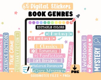 Pegatinas digitales por género/categoría - Colores editables para diarios de lectura en Goodnotes + 65 imágenes PNG - Romance, romántico, acogedor