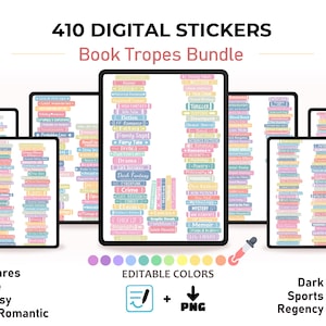 Book Tropes Digital Stickers Bundle | Customizable Colors in GoodNotes | Romance Pack for Reading Journal + 410 PNG Cliparts
