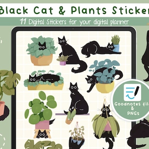 黒猫の植物ステッカー、デジタル日記用ステッカー 11 枚、カット済みの Goodnotes ファイル、透明な PNG
