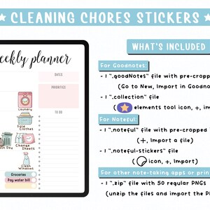 Pegatinas digitales de tareas del hogar, 50 imágenes prediseñadas de limpieza kawaii para agendas digitales, notas imprimibles, notas y archivos PNG. imagen 3