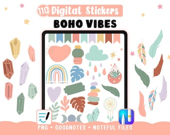 Boho Vibes Digital Stickers - 110 Bohemian Cliparts for Digital Planners or Printing, Noteful & GoodNotes + PNG Files