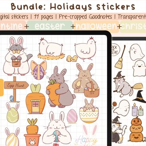 May include: A digital sticker bundle featuring illustrations of Valentine's Day, Easter, Halloween, and Christmas themes. The stickers are pre-cropped for use in Goodnotes and are transparent PNG files. The bundle includes 280 stickers and 11 pages.