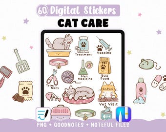 Cat Care digital Stickers, 60 Kawaii stickers for taking care of your cat, pre-cropped GoodNotes file, Noteful and clipart PNGs