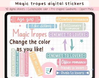 Romance Tropes Digital Stickers - Changeable Color PNGs for Reading Journal | Book Lover Stickers for Goodnotes + 40 Cliparts
