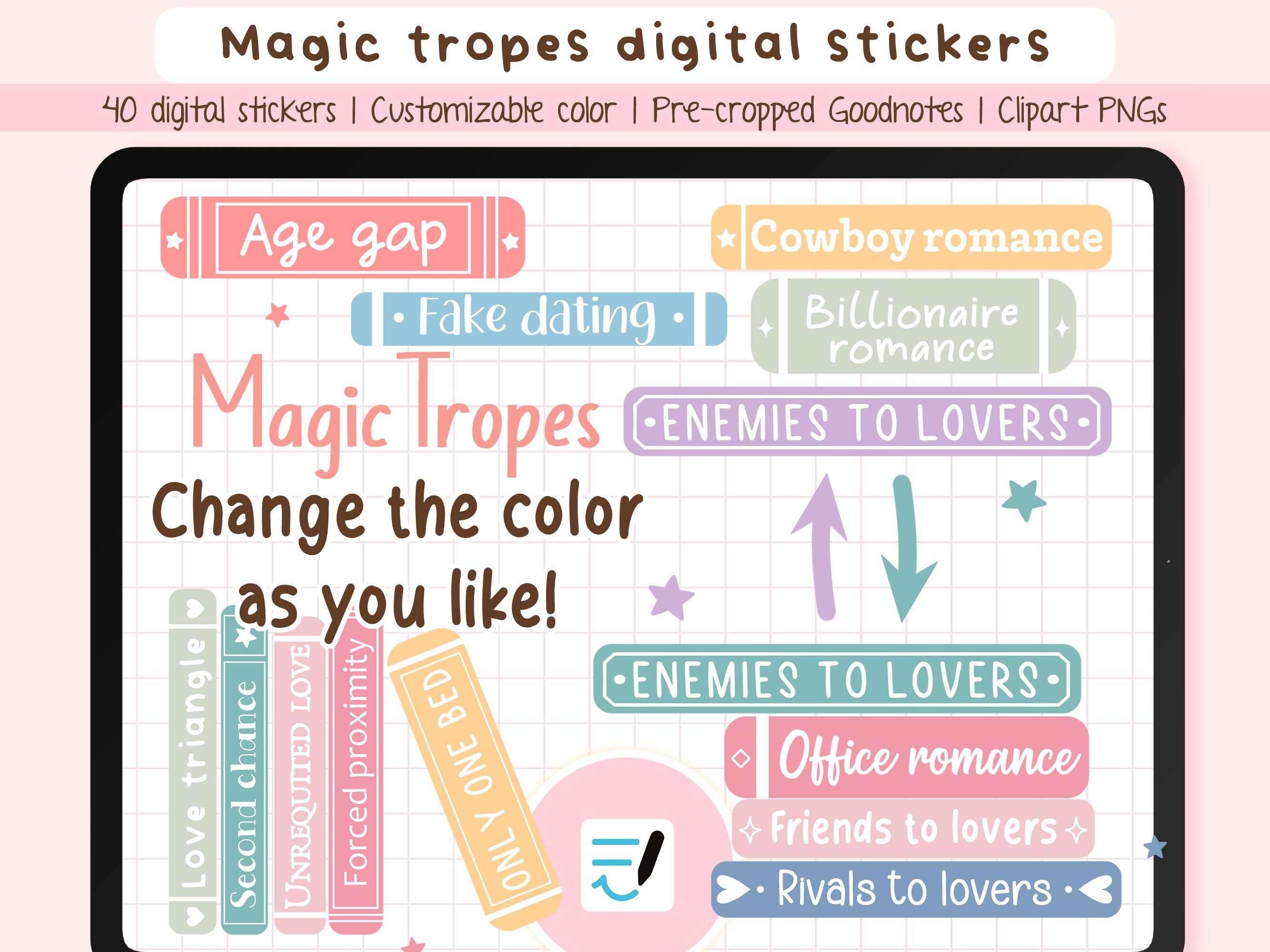 Romance Tropes Digital Stickers - Changeable Color PNGs for Reading Journal | Book Lover Stickers for Goodnotes + 40 Cliparts