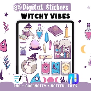Pegatinas digitales de brujas, gatos brujas míticos y accesorios esotéricos, notas útiles y archivos útiles, 85 imágenes PNG transparentes.