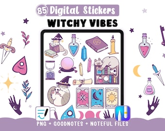 Witchy Cat Digital Stickers: Esoteric Magical, 85 PNG Cliparts, GoodNotes and Noteful Files for Digital Planner & Printable Junk Journal