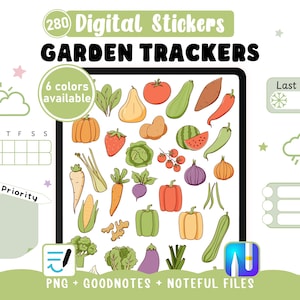 Gartenorganisationsaufkleber. 280 Tracker für Goodnotes und Noteful digitale Kalender, PNG-Cliparts, PDF-Broschüre zur Dokumentation Ihrer Setzlinge. Bild 1