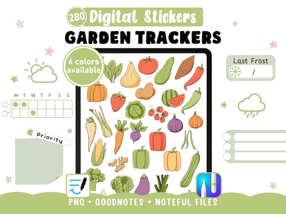 Jardinage stickers d'organisation. 280 trackers pour agenda numérique Goodnotes et Noteful, PNG cliparts, Livret PDF pour noter ses semis.