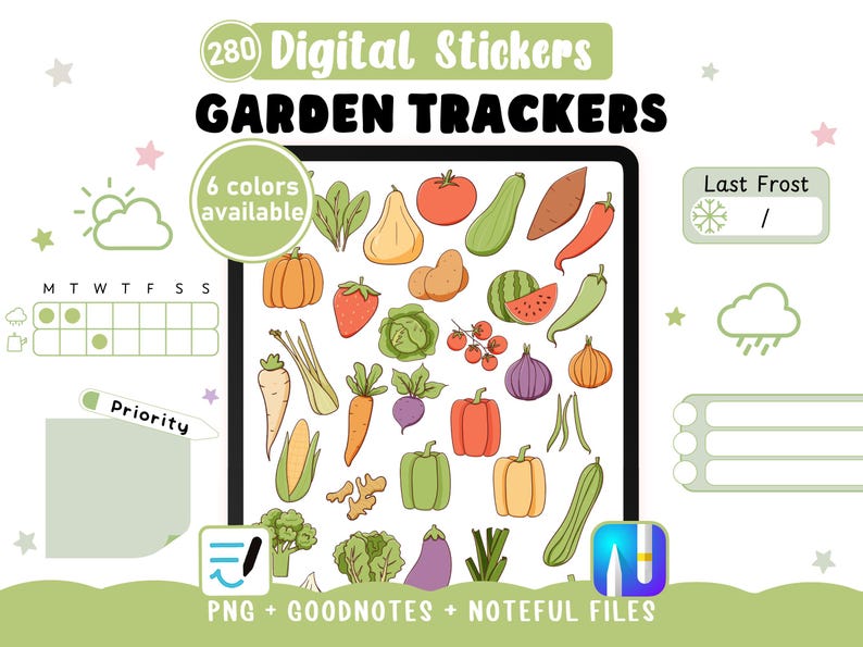 Gartenorganisationsaufkleber. 280 Tracker für Goodnotes und Noteful digitale Kalender, PNG-Cliparts, PDF-Broschüre zur Dokumentation Ihrer Setzlinge. Bild 1