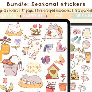 Peut inclure: Un ensemble d'autocollants numériques avec des illustrations sur le thème du printemps, de l'été, de l'automne et de l'hiver. Les autocollants comprennent des images de chats, d'oiseaux, de fleurs et d'autres éléments saisonniers. Le texte "Hello Spring" est inclus dans l'ensemble d'autocollants.