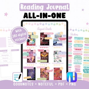 Monthly Digital Reading Journal – Purple Cute | Wishlist, Book Reviews, Monthly Reads, Stickers for Feelings & Ratings – Goodnotes Noteful