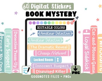 Pegatinas digitales de tropos misteriosos - Colores editables en Goodnotes | Pegatinas para amantes de los libros para diario de lectura + 60 imágenes prediseñadas