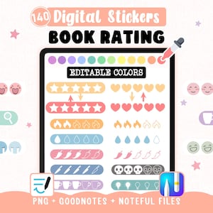Book rating digital stickers - Couleurs Modifiables pour Journal de Lecture - stickers notation Livres sur Goodnotes Noteful + 140 Cliparts