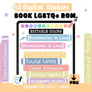LGBTQ+ Romance Tropes Digital Stickers - Editable Color PNGs for Goodnotes | Book Lover Stickers for reading journal + 50 Cliparts