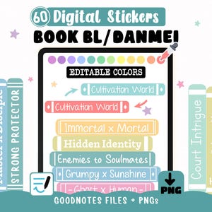 Digital stickers BL Danmei tropes - Editable Color PNGs for Goodnotes | Book Lover Stickers for reading journal + 60 Cliparts Boy's Love