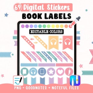Digitale stickers, hoekjes, boeklabels, beoordelingen - Bewerkbare kleuren voor leesdagboeken op Goodnotes en Noteful - 69 clipartafbeeldingen