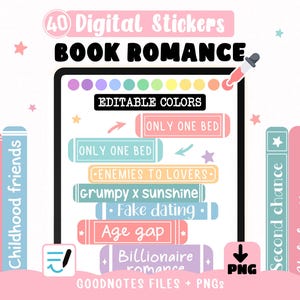 Digital stickers romance tropes - Couleurs Modifiables pour Journal de Lecture | stickers Amoureux des Livres sur Goodnotes + 40 Cliparts
