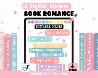 Romance Tropes Digital Stickers - Editable Color stickers for Reading Journal | Book Lover Stickers for Goodnotes + 40 Cliparts PNGs