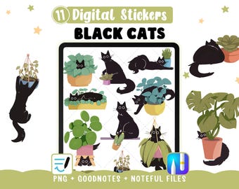 Black cat plants Stickers, 11 Digital Stickers for printing or digital planner, Pre-cut Goodnotes + Noteful and Cliparts PNG files