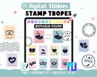 Stamp Tropes Romance Digital Stickers – Editable Colors for GoodNotes and Noteful- For Reading Journal, Aesthetic PNGs for Book Lovers