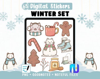 Winter stickers for digital planners or bullet journal - Goodnotes Noteful files - Printable Winter season set Cliparts Cats Cookies