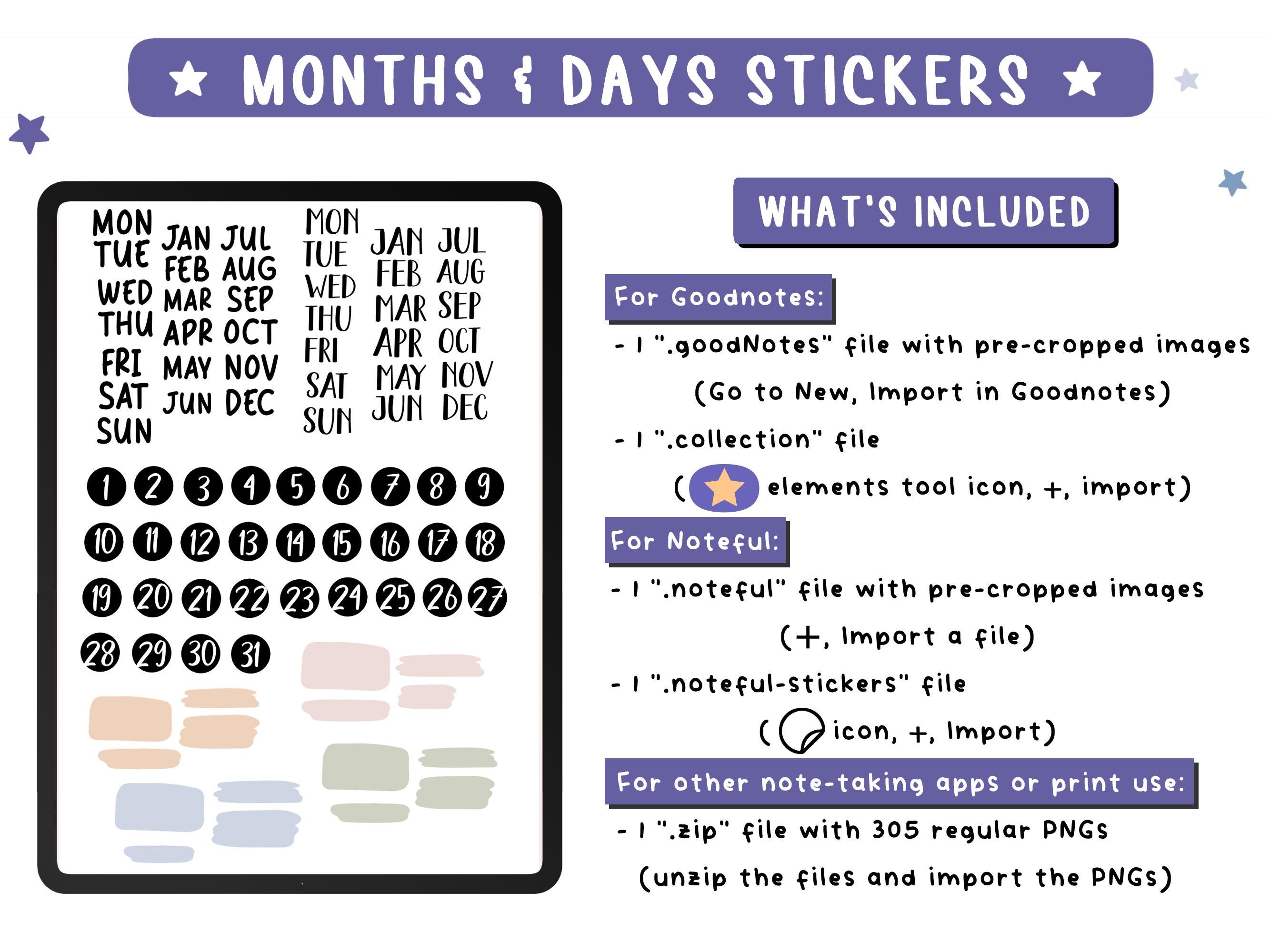 Months, Days & Dates Digital Stickers for Goodnotes and Noteful ...