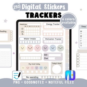 Neutrale digitale stickertrackers. 250 gestanste trackerwidgets voor Goodnotes digitale planners in boekformaat + transparante PNG's