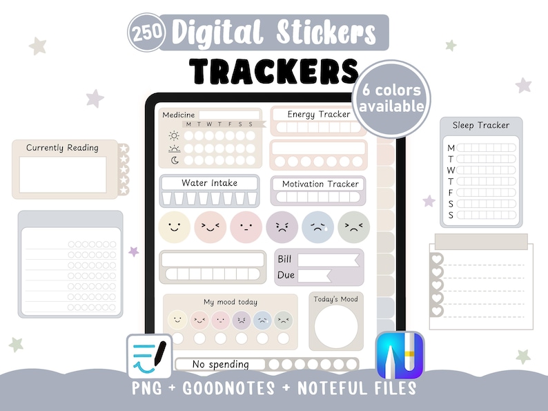 Neutrale digitale Sticker-Tracker. 250 gestanzte Tracker-Widgets für digitale Goodnotes-Planer im Buchformat + transparente PNGs Bild 1
