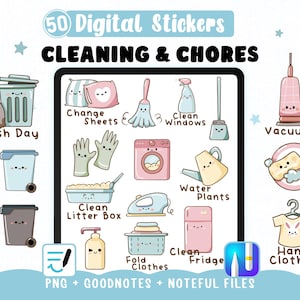 Chores Cleaning digital stickers, 50 Kawaii stickers for digital planner or to do list, Goodnotes and Noteful files & printable PNGs