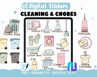 Adesivi digitali per le faccende domestiche, 50 clipart kawaii per le pulizie per planner digitali, file Goodnotes + Noteful + PNG stampabili