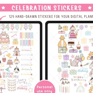 Birthday Stickers for Digital Planners. Celebrations Noteful Goodnotes Stickers & 125 Transparent Cute Cats PNG Clipart. image 2