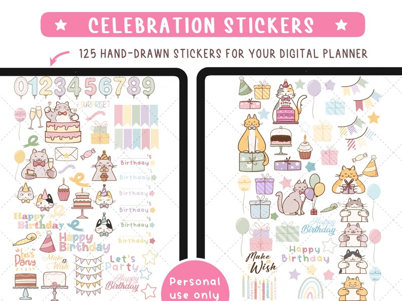 Birthday Stickers for Digital Planners. Celebrations Noteful Goodnotes Stickers & 125 Transparent Cute Cats PNG Clipart. image 2