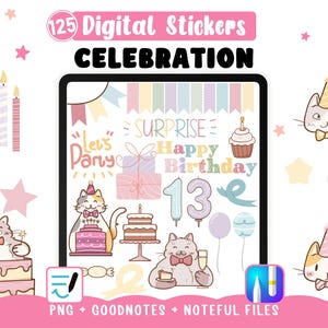 Birthday Stickers for Digital Planners. Celebrations Noteful Goodnotes Stickers & 125 Transparent Cute Cats PNG Clipart. image 1