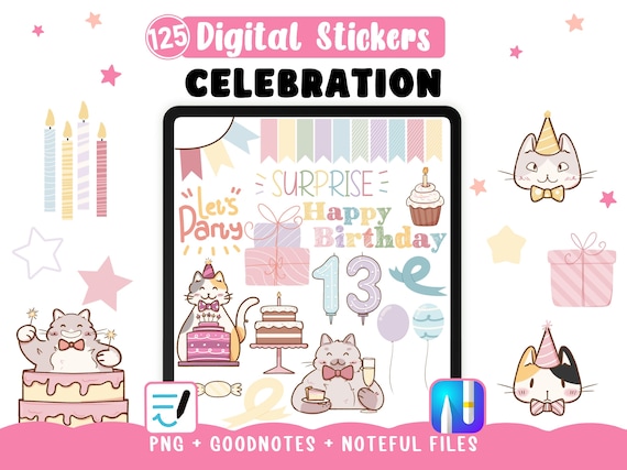 Autocollants Anniversaire pour planificateur numériques - Stickers Birthday Goodnotes Noteful  & 125 PNG transparents mignon chat clipart