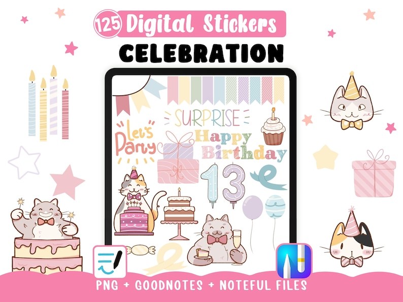 Birthday Stickers for Digital Planners. Celebrations Noteful Goodnotes Stickers & 125 Transparent Cute Cats PNG Clipart. image 1