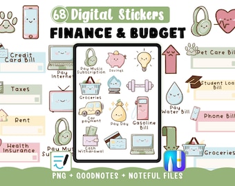 Digitale Budget-Sticker für Finanzen, 68 Kawaii-Cliparts zum Ausgeben und Sparen, kompatibel mit Goodnotes, Noteful und PNG-Dateien
