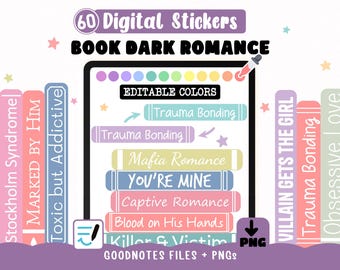 Dark Romance Tropes Digital Stickers - Editable Color for Goodnotes | Book Lover Stickers for reading journal + 60 Cliparts PNG