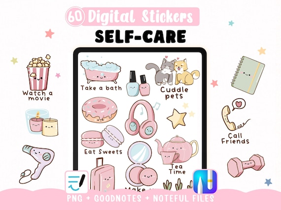 Stickers numériques Self-Care – Pack Bien-Être Kawaii stickers pour digital planner - Goodnotes Noteful PNG