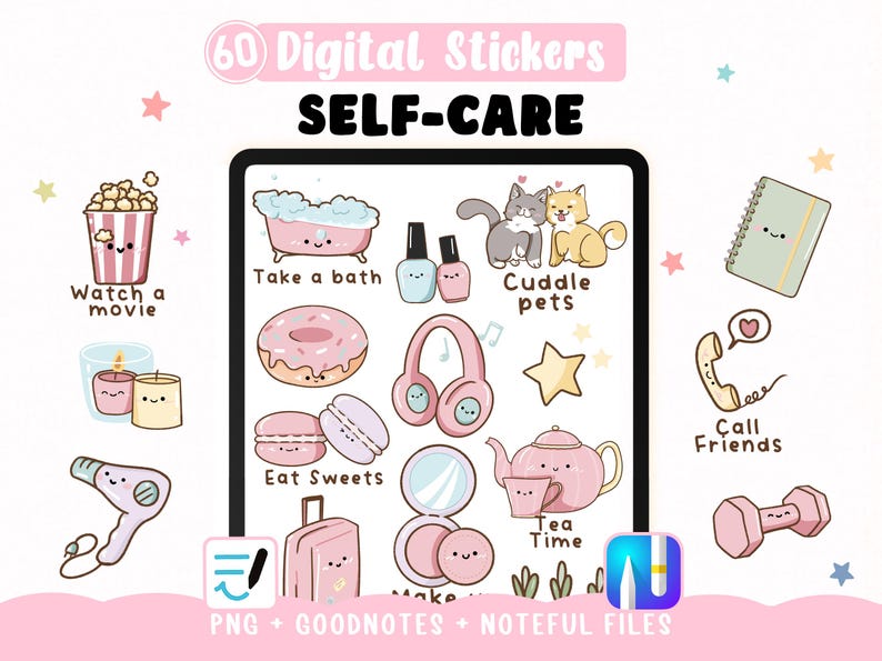 Self Care Digital Stickers for Planner | Mental Health & Self-Care Trackers | Kawaii Stickers for GoodNotes and Noteful image 1